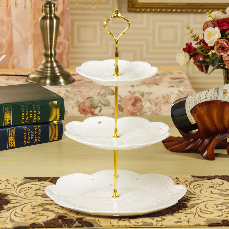 浮雕三层蛋糕盘甜点水果盘陶瓷圆盘欧式下午茶餐具婚庆酒店用品 - 图0