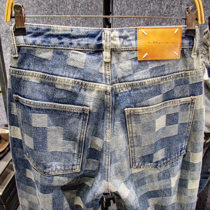 三古木棉高端潮牌大码怀旧复古格子牛仔裤男宽松直筒裤子男春秋,淘宝优惠券,粉丝福利购,淘宝优惠卷