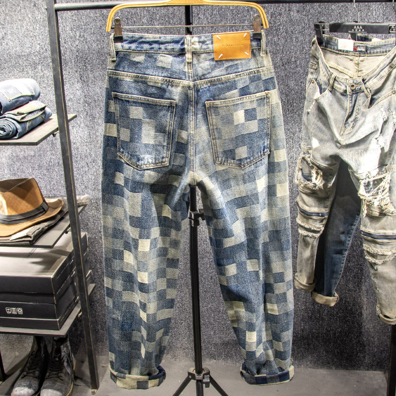 三古木棉高端潮牌大码怀旧复古格子牛仔裤男宽松直筒裤子男春秋,淘宝优惠券,粉丝福利购,淘宝优惠卷