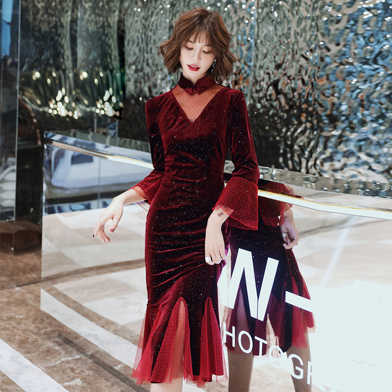 丝绒旗袍改良连衣裙秋冬长袖敬酒服 森莞旗袍