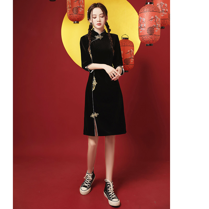 国潮旗袍2021新款秋冬长袖连衣裙 森莞旗袍