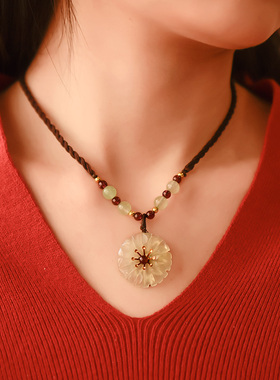 新中式玉石项链女复古岫玉吊坠锁骨链民族风简约旗袍汉服配饰品