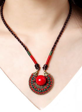 民族风红色项链女复古风锁骨链短款简约原创手工编织旅游配饰品