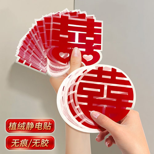 结婚专用喜字植绒静电贴囍字布置婚礼玻璃窗户窗花门贴纸装饰婚房 - 图1