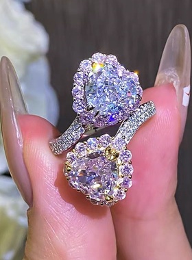 D色莫桑石粉钻双白金开口戒指