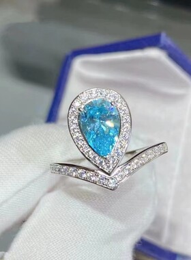 莫桑石气质水滴海蓝宝石V字戒指