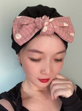 波点蝴蝶结月子帽棉麻帽子