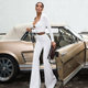 Navel-baring long-sleeved top high-waisted slim-fitting flared trousers