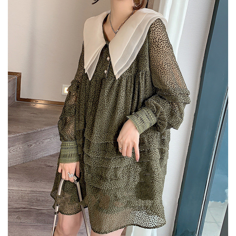 娃娃领长袖胖mm遮肚气质女连衣裙 afka连衣裙