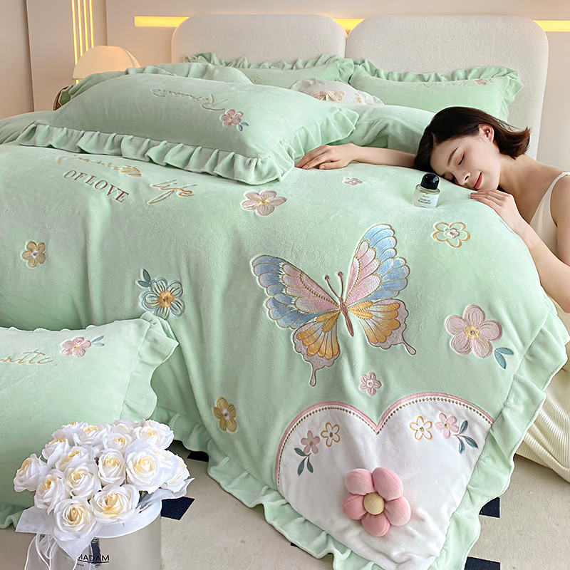 冬季公主风牛奶绒四件套双面加厚加绒珊瑚法兰绒花边刺绣被套床单,淘宝优惠券,粉丝福利购,淘宝优惠卷