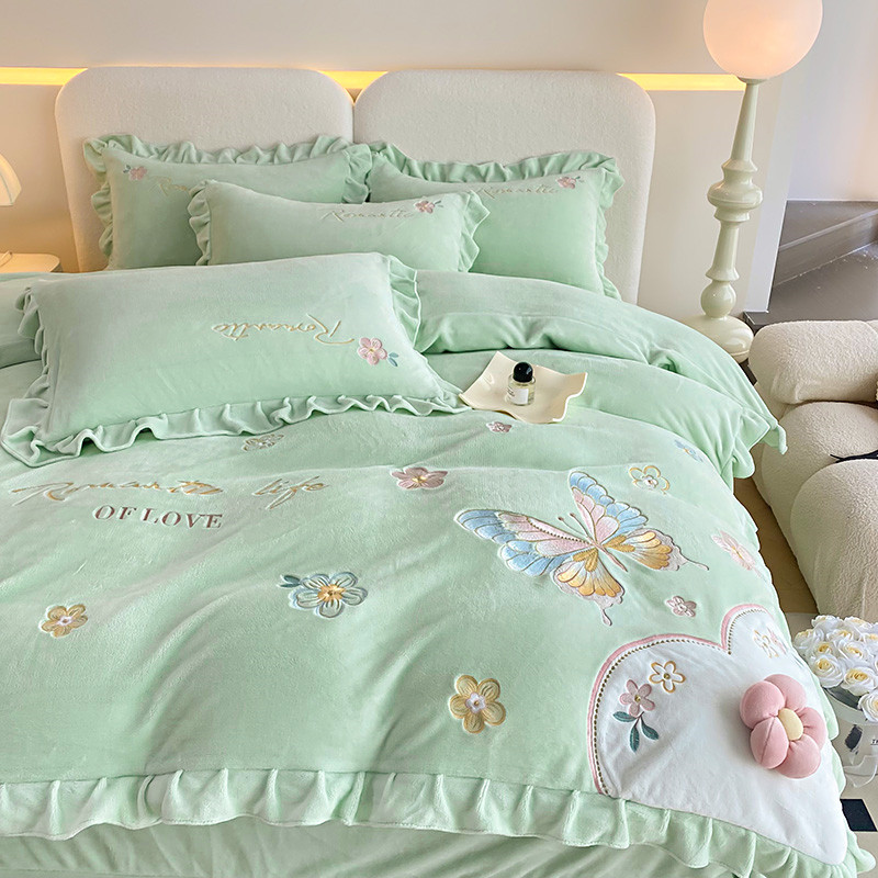 冬季公主风牛奶绒四件套双面加厚加绒珊瑚法兰绒花边刺绣被套床单,淘宝优惠券,粉丝福利购,淘宝优惠卷
