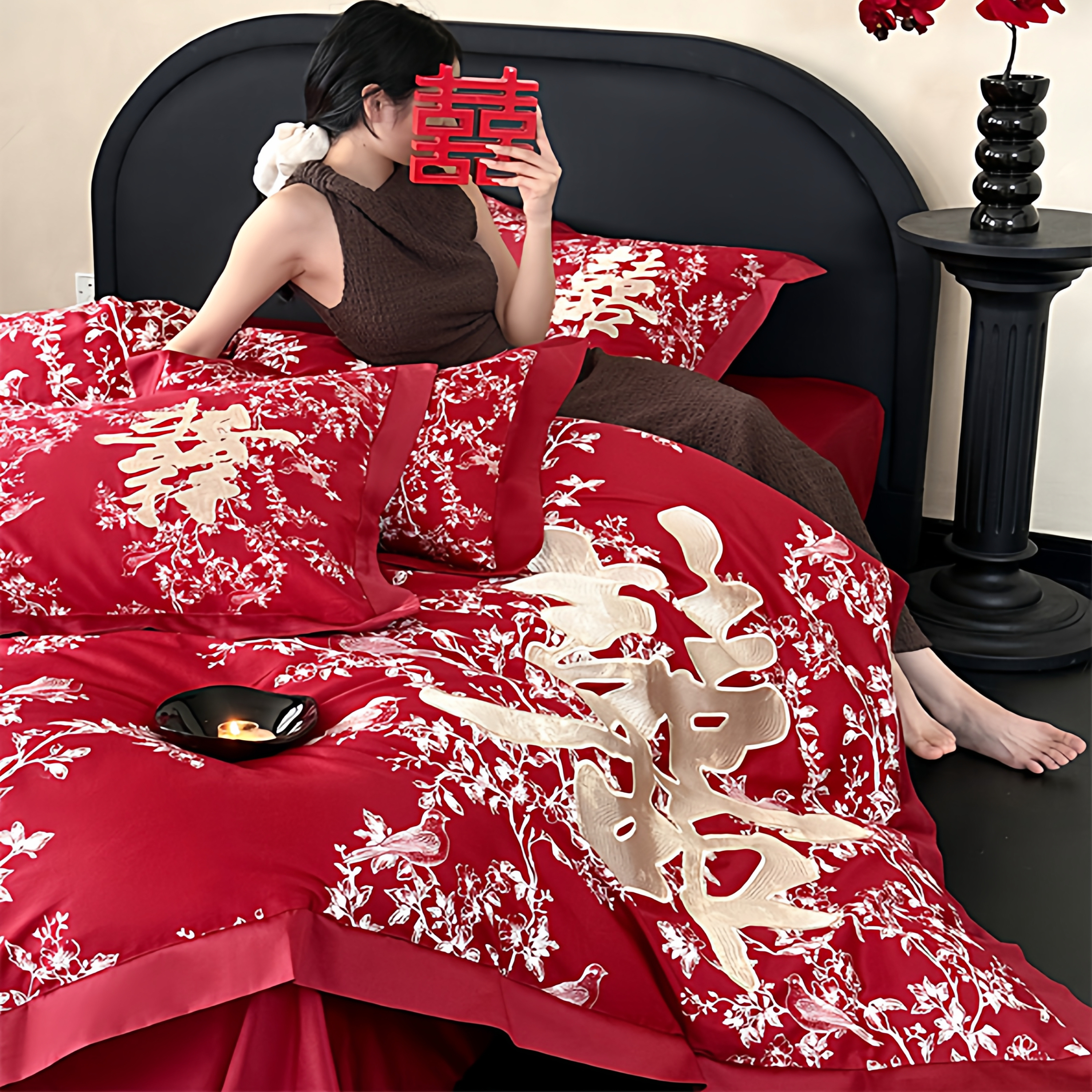 新中式高端红色大双喜婚嫁四件套全棉长绒棉刺绣婚庆陪嫁纯棉床品 - 图2
