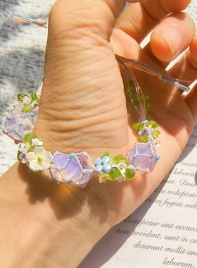 手工编织粉水晶海蓝宝原石手链手绳 原创送闺蜜情侣手工礼物