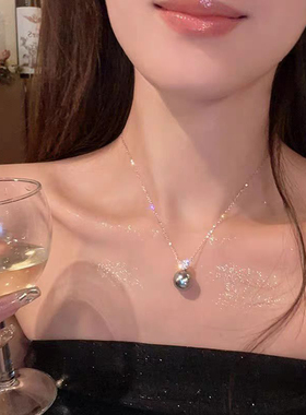 公主风温柔高级感灰色珍珠皓石项链吊坠女生毛衣链小众轻奢高级感