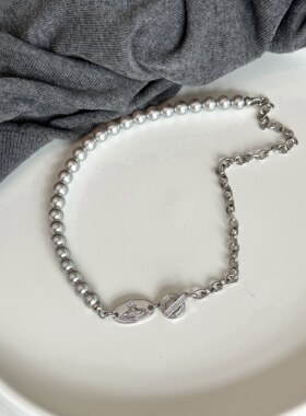 简约冷淡风OT扣星球铂金灰珍项链西太后不对称拼接链条串珠锁骨链