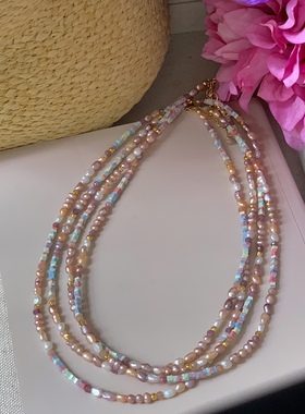 粉紫色极光碎银子珍珠项链迷你不规则巴洛克气质轻奢颈链小众