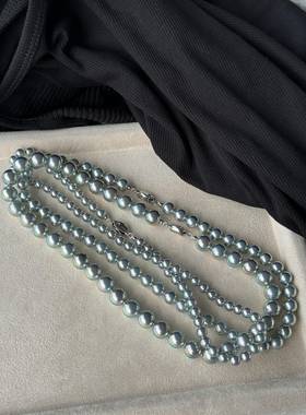 秋冬季毛衣链人造akoya真多麻银蓝色人造珍珠项链S925银扣项链女