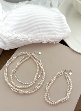 通体S925纯银碎银子双层天然珍珠缠绕项链女碎银几两小众设计轻奢