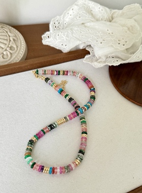 夏季金色隔片天然石彩色糖果色串珠项链ins风小众叠戴锁骨链手链