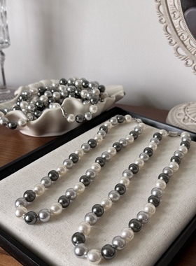 强光混彩大溪地黑白灰真多麻混色珍珠项链打结设计轻奢小众锁骨链