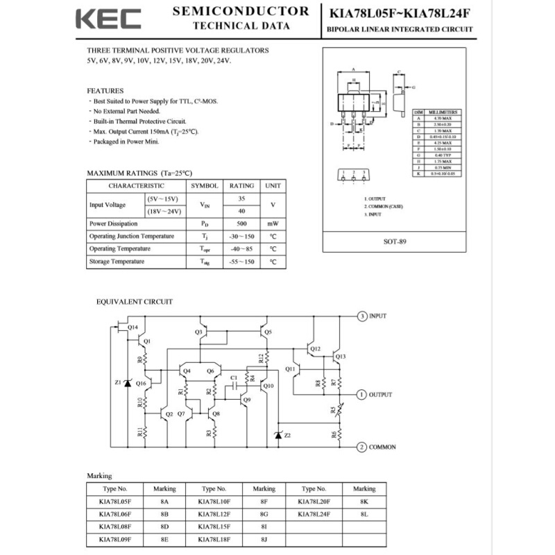 匀发诚广鑫 KIA78L15F SOT89 KEC 稳压管 KEC78L05 78L06 78L10 7 - 图0