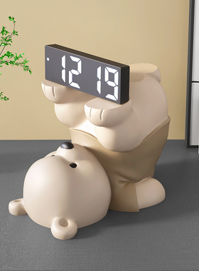 奶油风熊时钟摆件客厅p玄关卧室床头钟表台式摆放式桌面智能电子