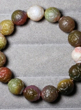 天然老矿盐源玛瑙满肉双色精雕桶珠手链果冻色雕刻U花手串饰品礼
