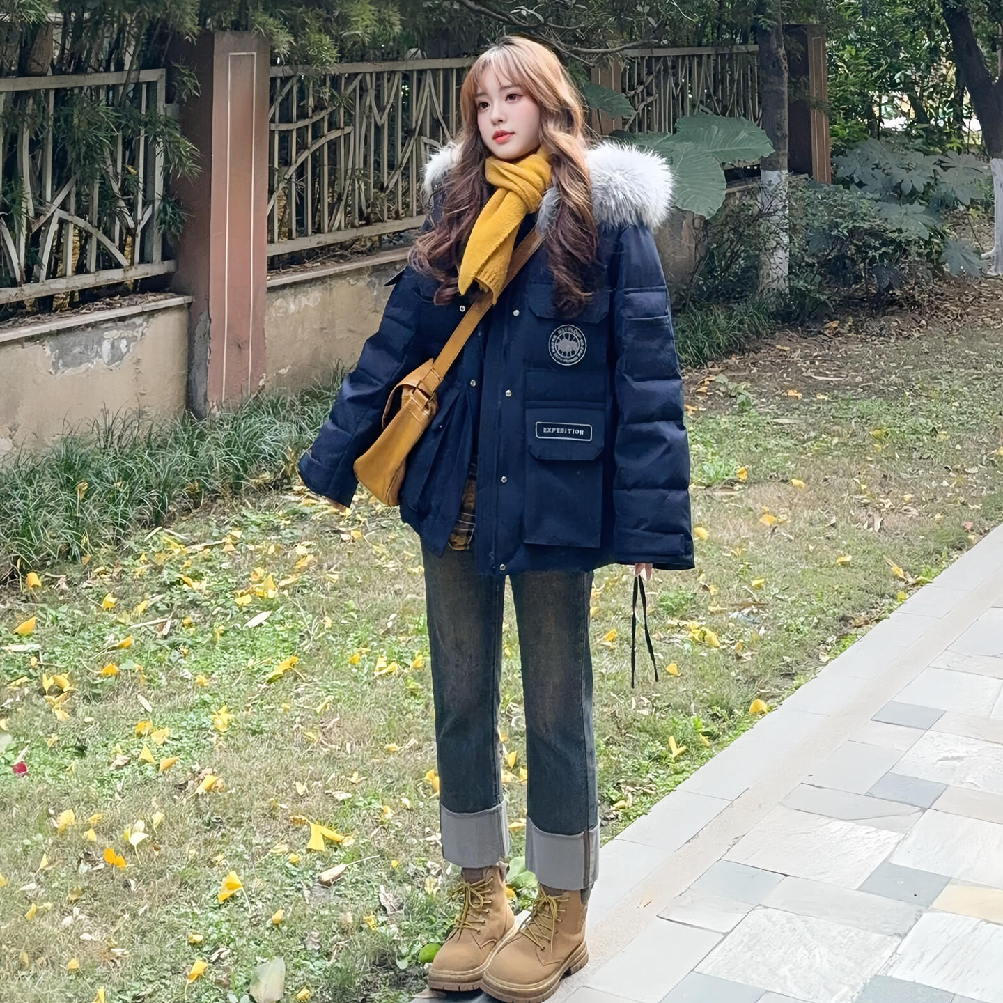 美式潮牌大毛领连帽羽绒棉袄女冬2025年巨好看超火小个子派克棉服 - 图1