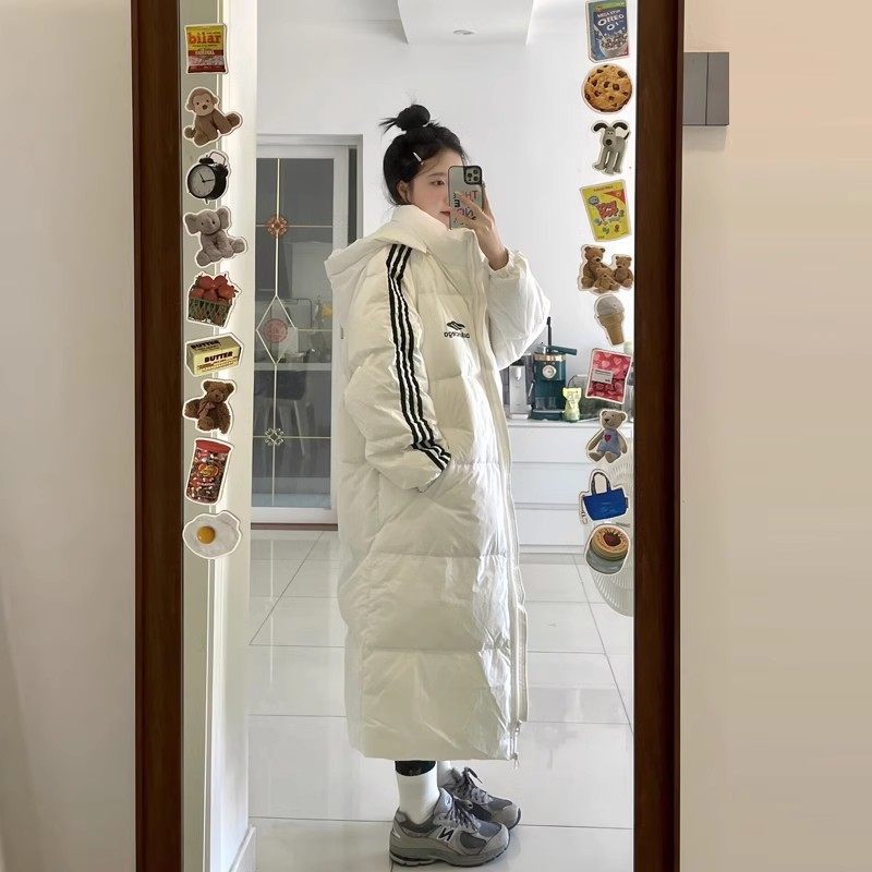 超好看三条杠长款连帽羽绒棉袄女2025冬季新款韩版宽松洋气面包服,淘宝优惠券,粉丝福利购,淘宝优惠卷