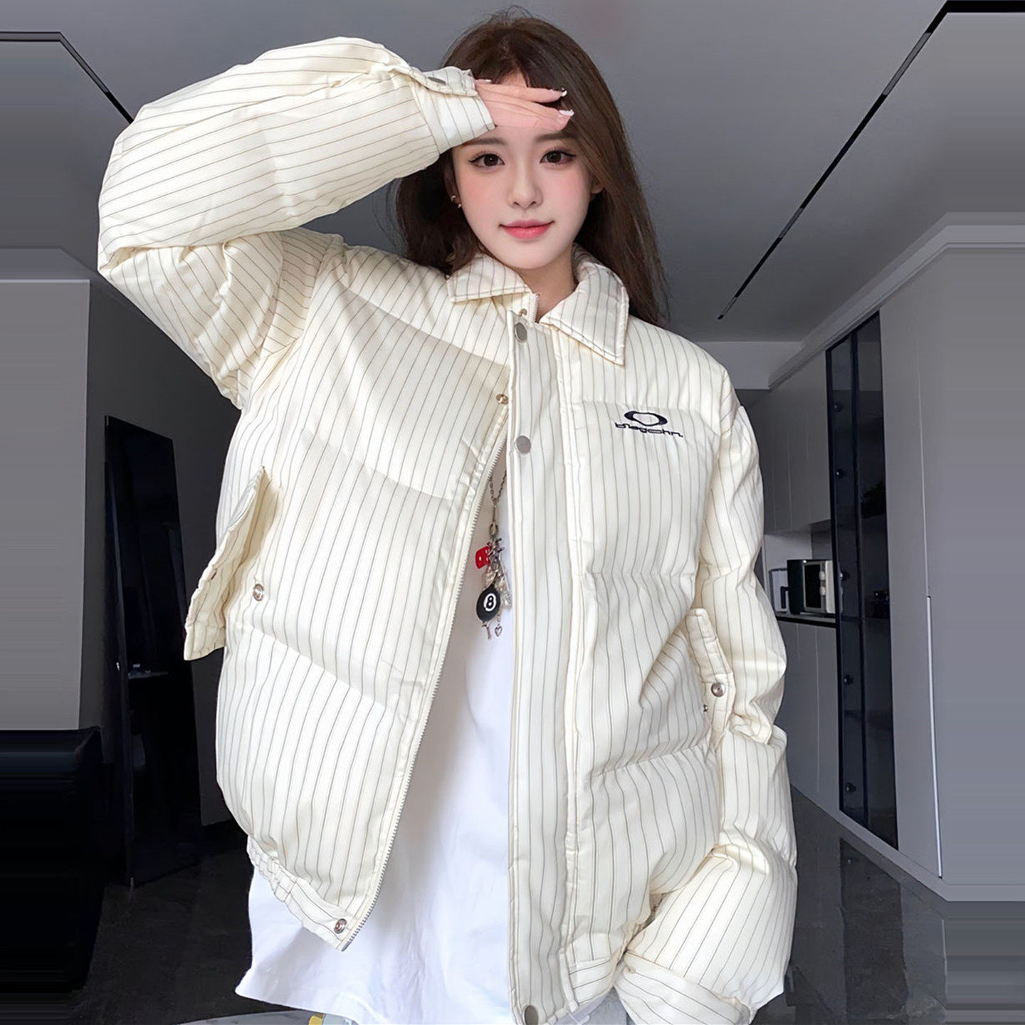 美式复古短款条纹羽绒棉袄女冬2025年巨好看超火洋气小个子面包服,淘宝优惠券,粉丝福利购,淘宝优惠卷