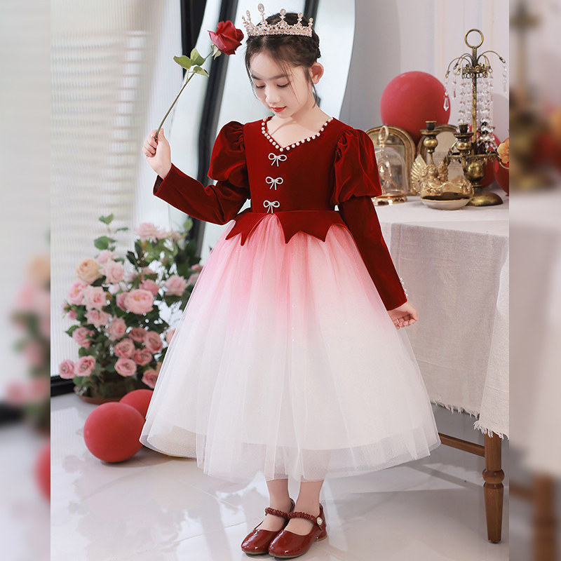 元旦小主持人红色女童礼服秋冬季高端钢琴演奏儿童生日公主裙子,淘宝优惠券,粉丝福利购,淘宝优惠卷