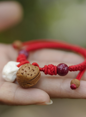 宝宝婴儿童桃核胡篮吓惊防随身护金刚结成人红绳辟本命年桃木手链
