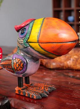 山桃木中式家居装饰品实木手工雕刻彩绘鸟创意招财玄关客厅摆件