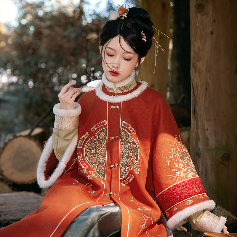 七月夕汉服剔红海棠原创立领短衫改良圆领对襟披袄马面裙冬季_虎窝淘