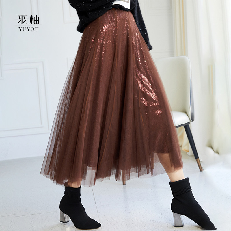 低调暗暗闪遮胯显瘦亮片子女网纱裙 羽柚半身裙