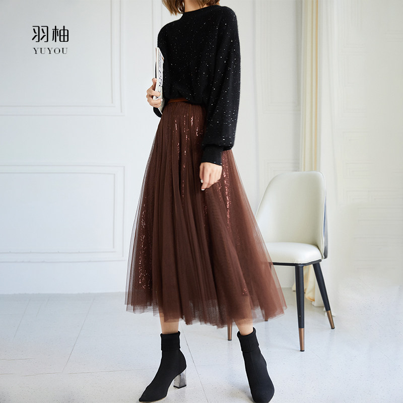 低调暗暗闪遮胯显瘦亮片子女网纱裙 羽柚半身裙