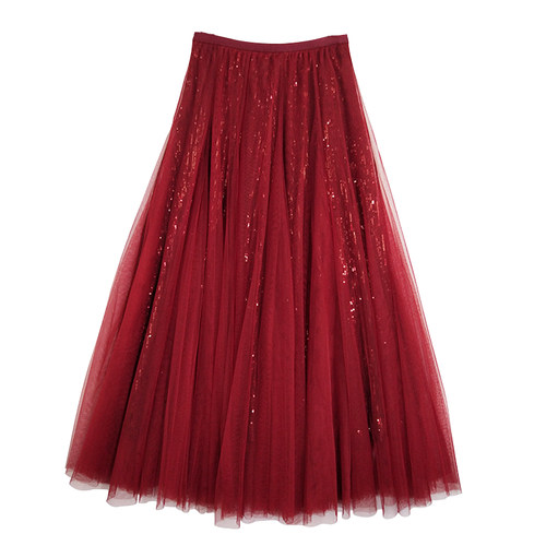 羽柚复古酒红亮片网纱半身裙春秋女a字裙高腰显瘦遮跨裙子大摆裙 - 图3