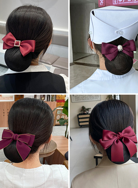 红色头花女网兜职业服务员盘头发