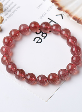 天然老矿冰种白体草莓晶手链鸽血红单圈桃花粉晶水晶饰品一物一图