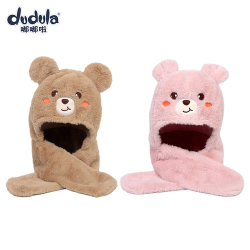 嘟嘟啦卡通儿童毛绒帽男女宝宝护耳帽围巾一体加厚套头帽防风厚寒 - 图2