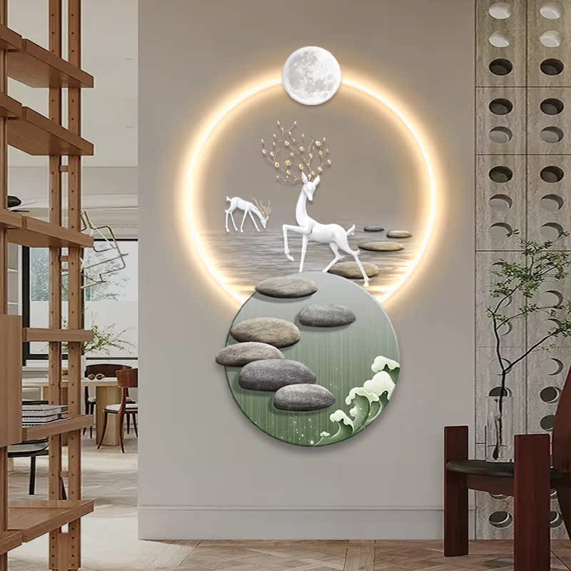 石来运转入户玄关装饰画发光灯画轻奢高级感简约走廊过道尽头挂画