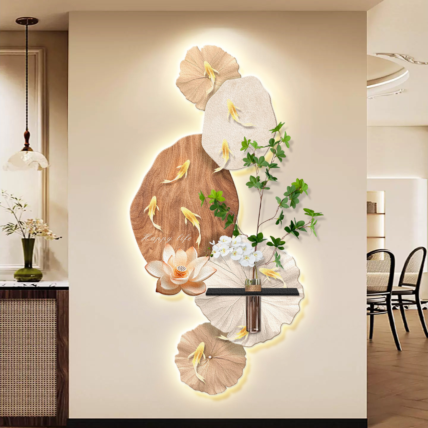 中古风九鱼图玄关装饰画入户正对门走廊过道挂画水培绿植客厅壁画,淘宝优惠券,粉丝福利购,淘宝优惠卷