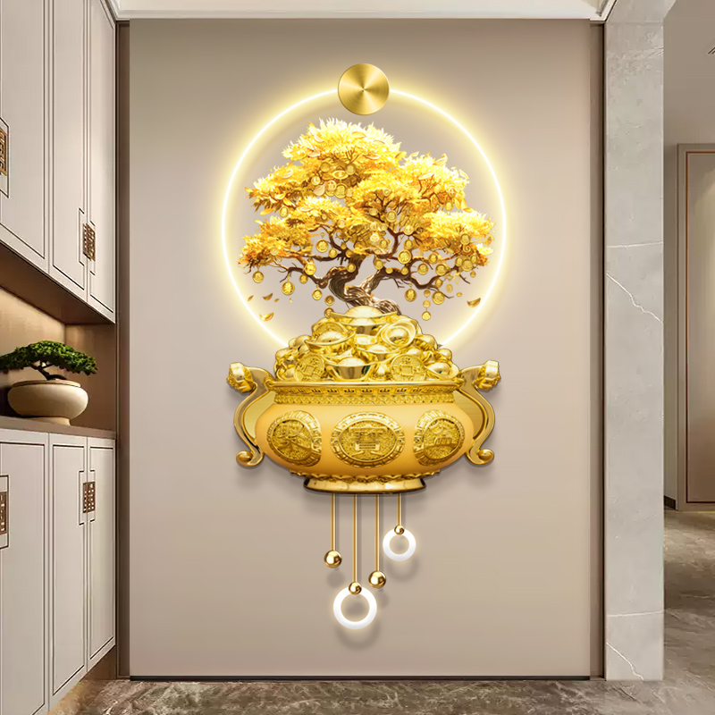 发财树入户玄关装饰画带灯轻奢高级感走廊过道挂画新年聚财壁灯画