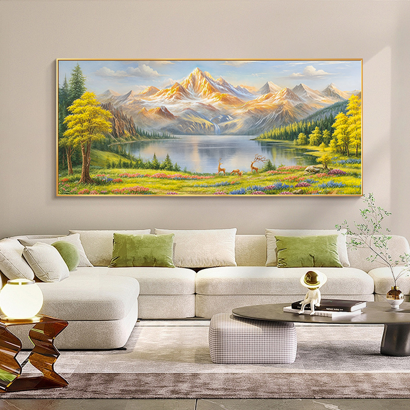 日照金山客厅装饰画山水风景油画横幅沙发背景墙挂画聚宝盆壁画