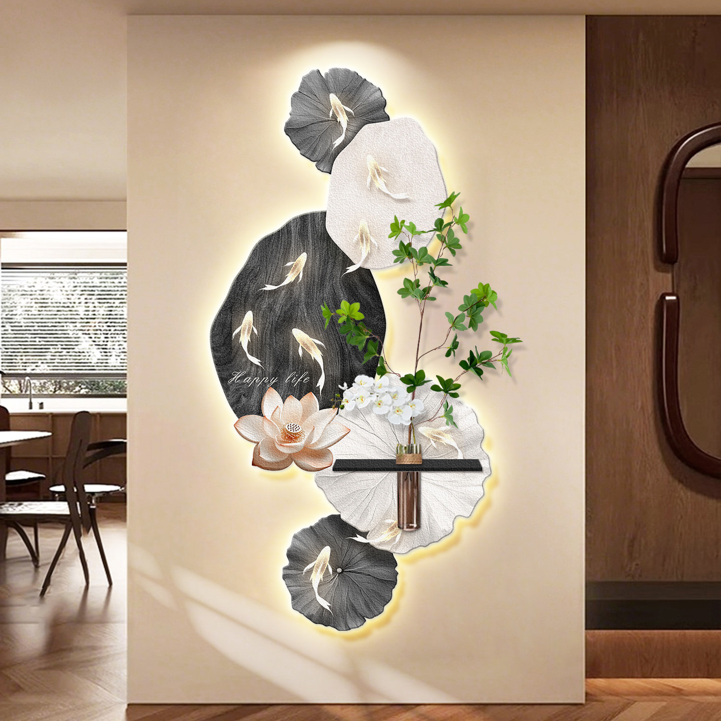 中古风九鱼图玄关装饰画入户正对门走廊过道挂画水培绿植客厅壁画,淘宝优惠券,粉丝福利购,淘宝优惠卷