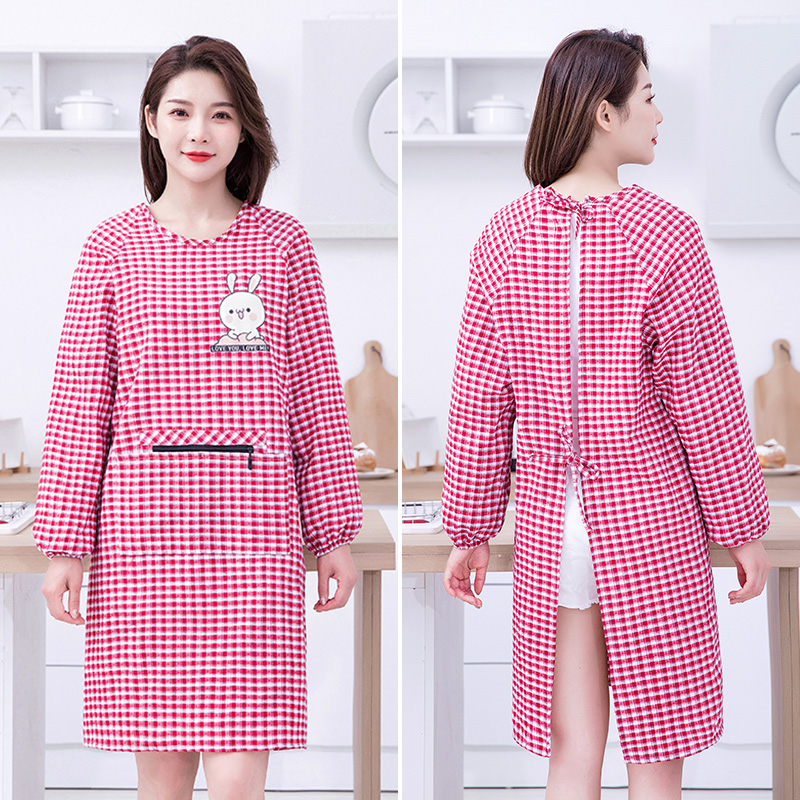 韩版女时尚罩衣2024新款棉布长袖围裙家用厨房做饭上班带袖工作服 - 图0