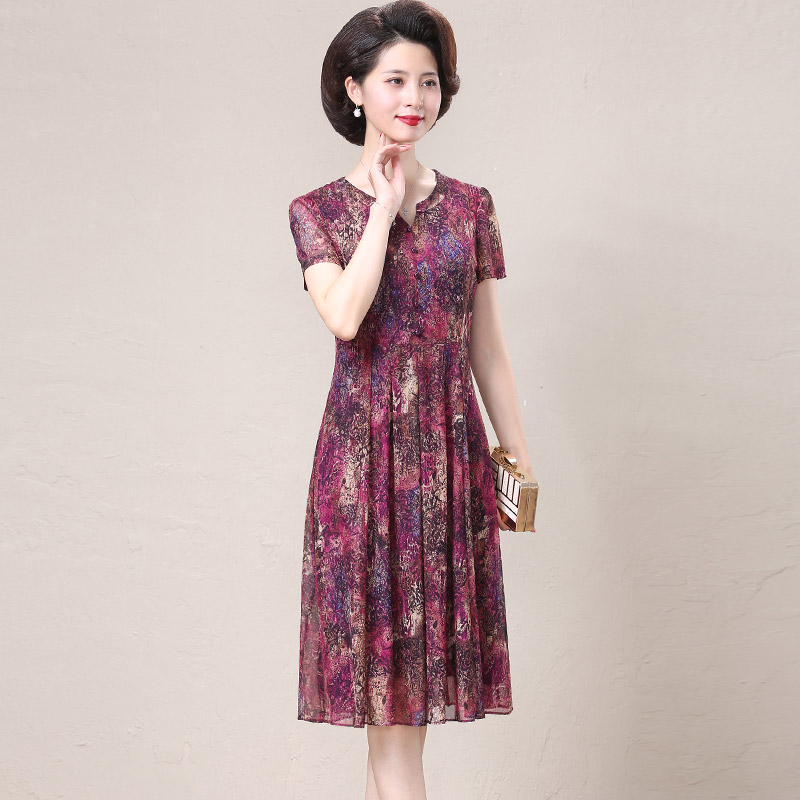 台湾网纱短袖弹力夏季50岁连衣裙 妍淑俪中老年女装