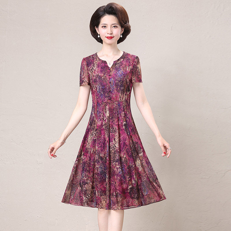 台湾网纱短袖弹力夏季50岁连衣裙 妍淑俪中老年女装