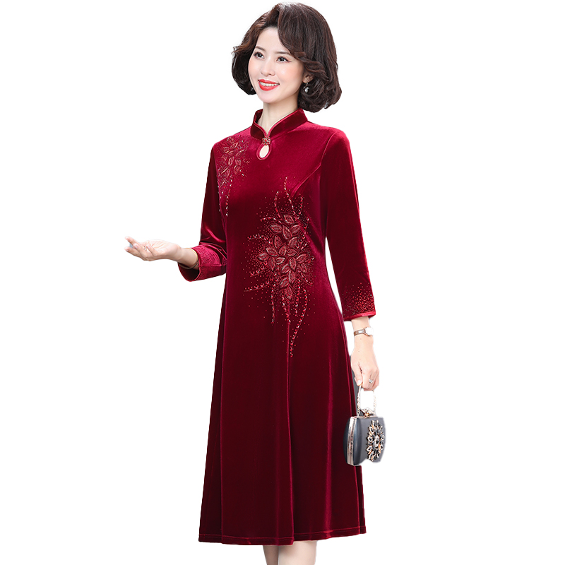 喜婆婆婚宴秋装新款高档喜服丈母娘礼服妈妈大码高贵金丝绒连衣裙