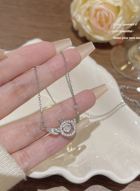 天使之翼跳动的心闪钻吊坠锁骨链韩版气质新款轻奢钛钢项链饰品女